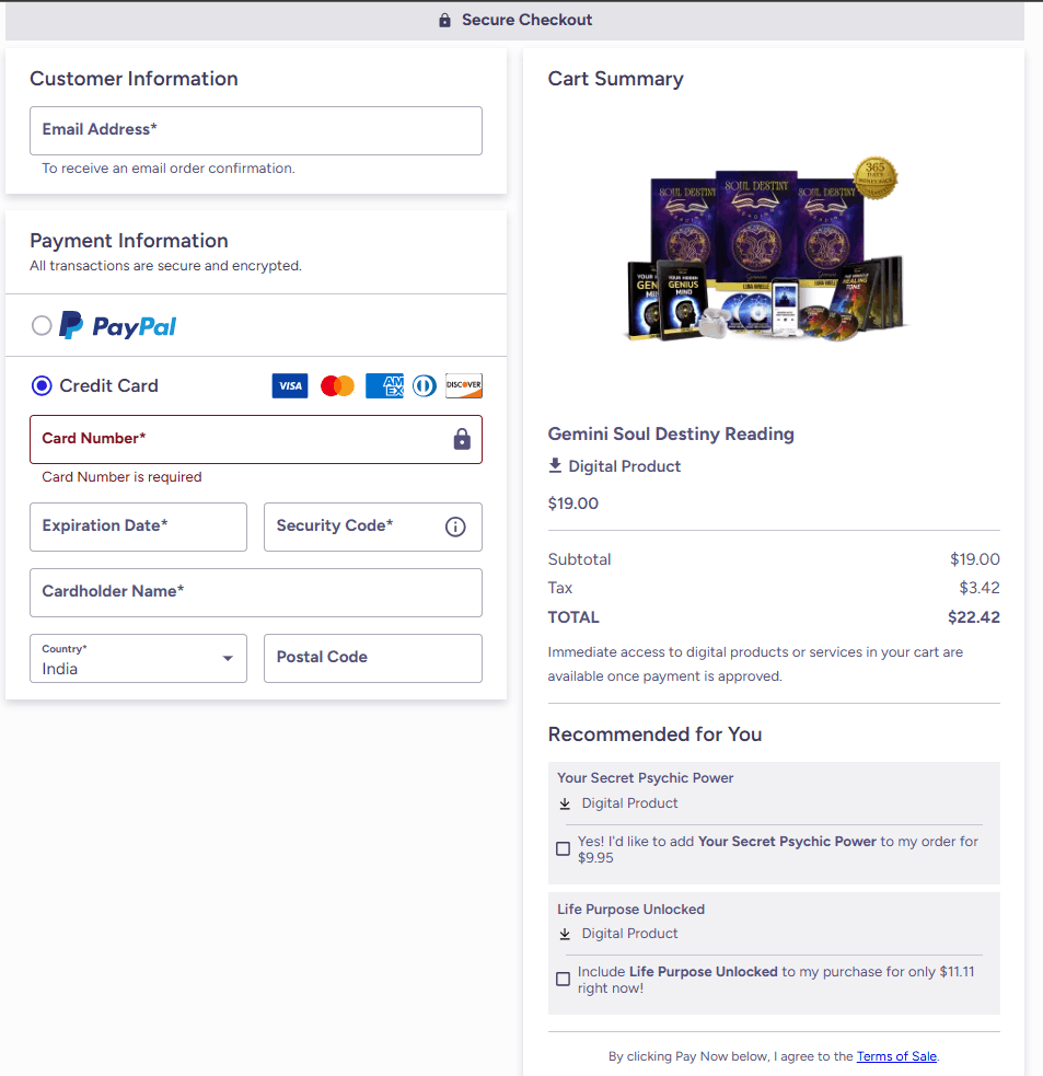 Soul Destiny Reading Checkout Page